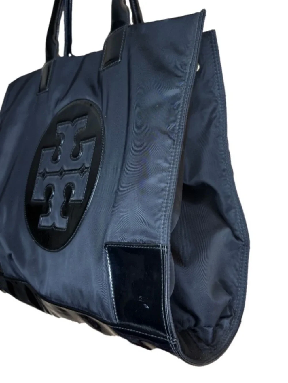 Tory Burch Ella Black Nylon Tote with Patent Logo Detail